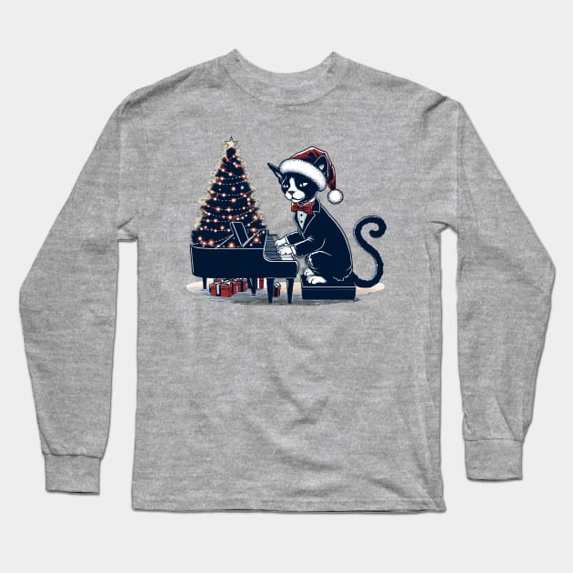 Devon Rex Cat Playing Piano Christmas Long Sleeve T-Shirt by Graceful Designs